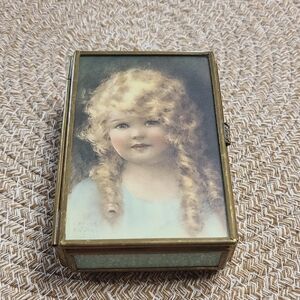 Vintage Blonde Girl With Curls Gold-Toned Trinket Box with Mirror